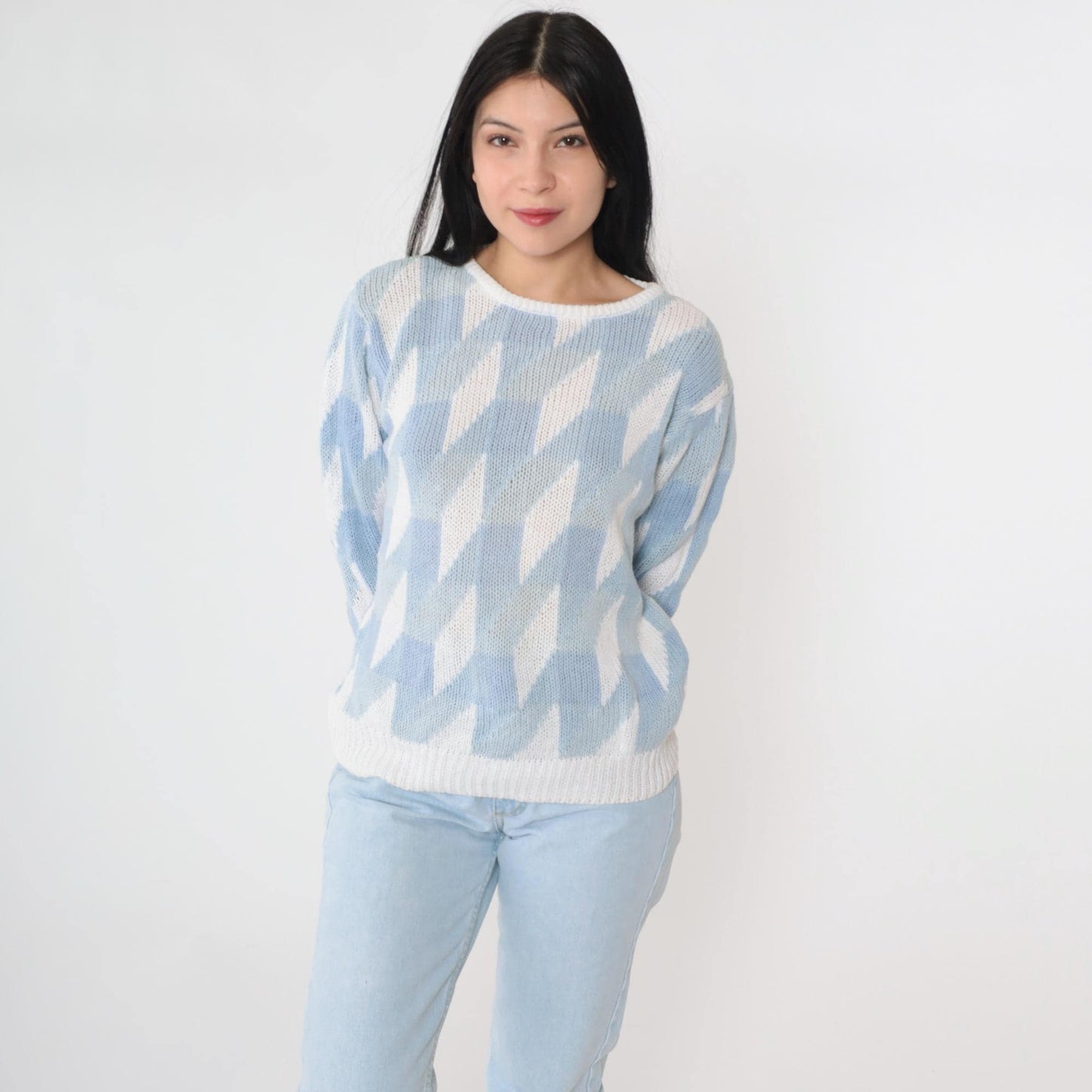 80s JH Collectibles Geometric Knit Sweater Light Blue White Crew Neck Small