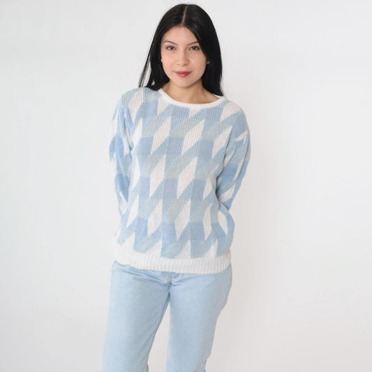 80s JH Collectibles Geometric Knit Sweater Light Blue White Crew Neck Small