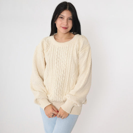 90s American Eagle Outfitters Cable Knit Sweater Cream Diamond Crewneck Extra Large