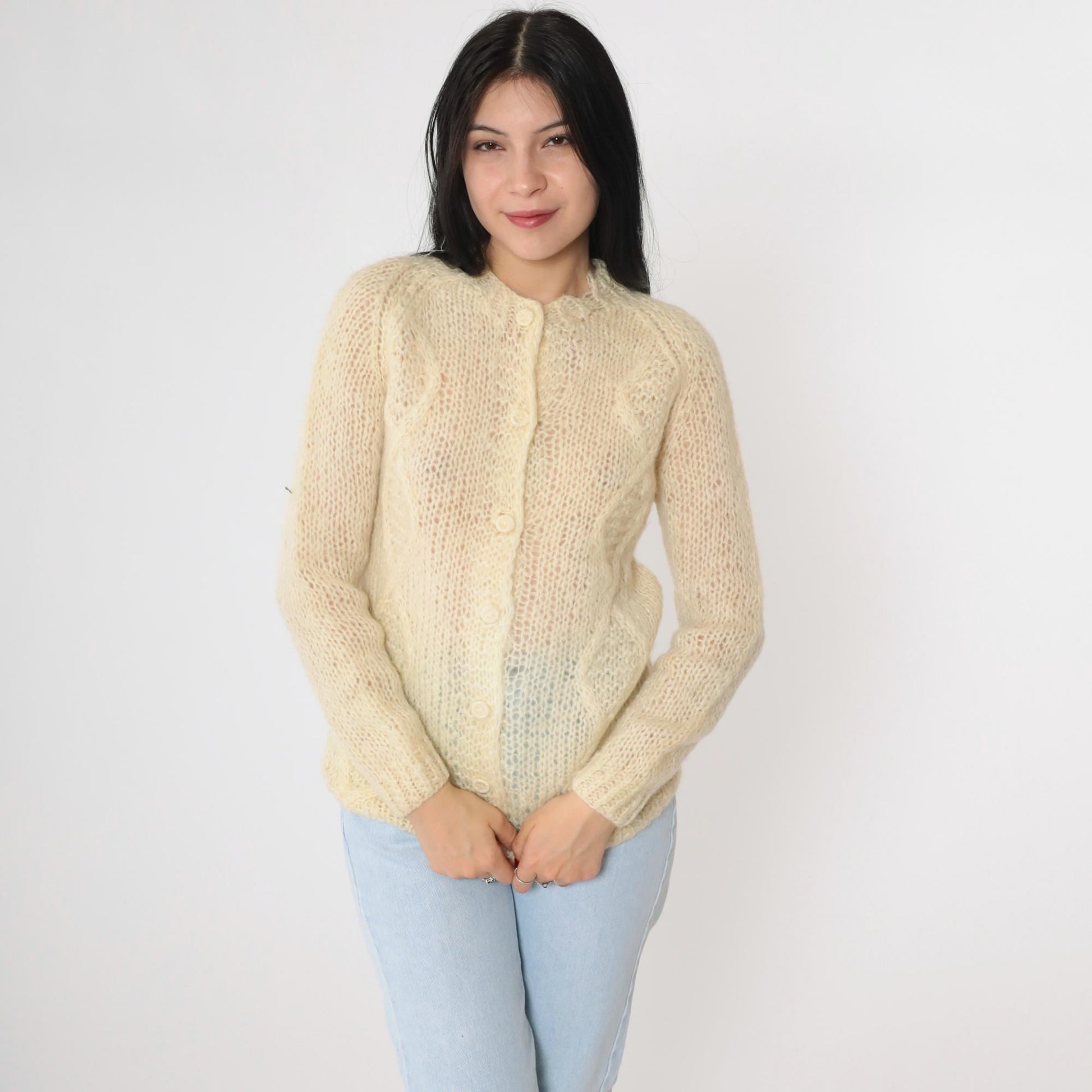 70s Cream Cable Knit Cardigan Wool Button-Up Sweater Small