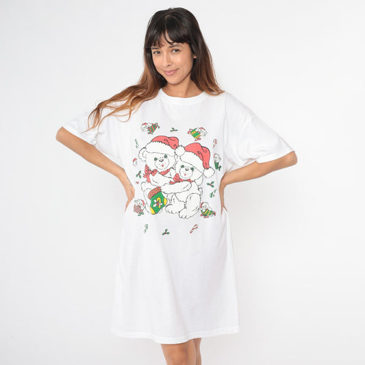 90s Christmas Teddy Bear Graphic T-Shirt Dress White Mini One Size