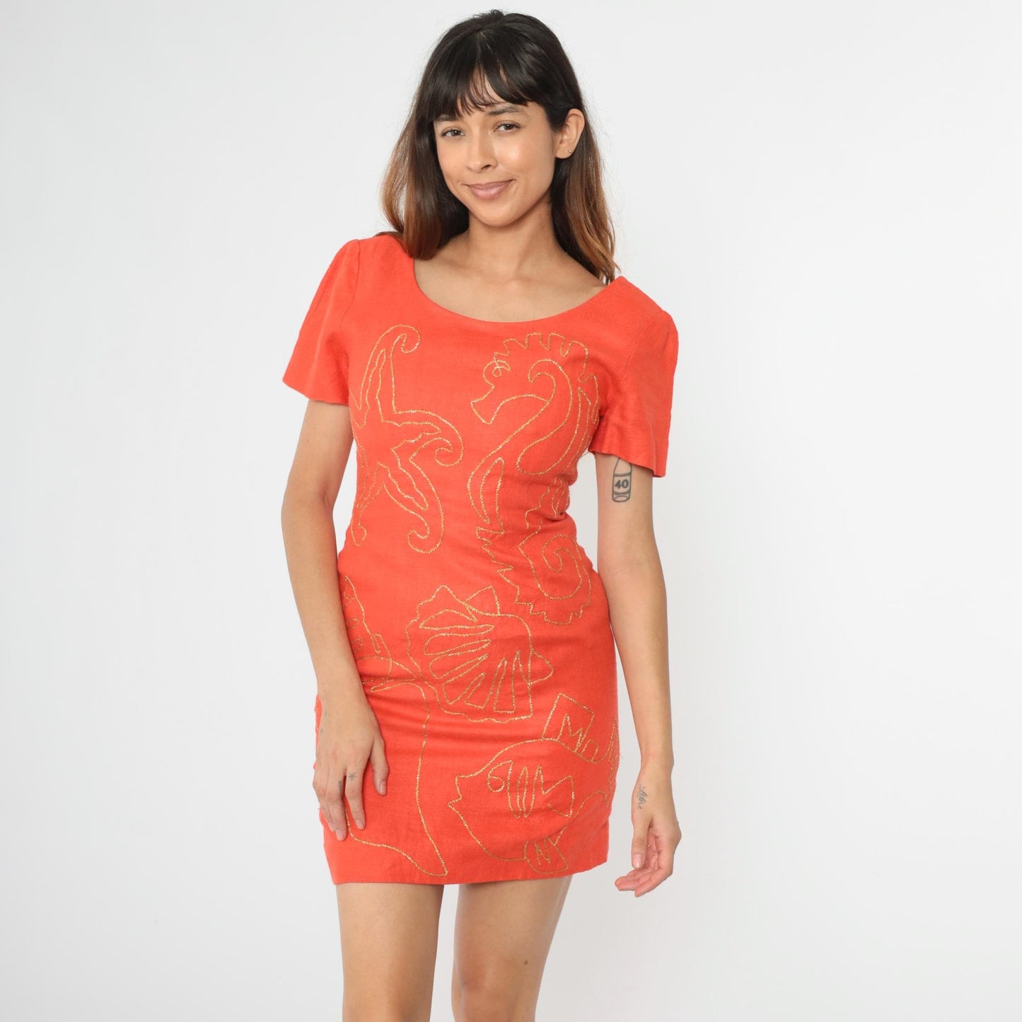 90s SantaFe by Jim Tremblay Linen Mini Dress Orange Sea Life Embroidery Small