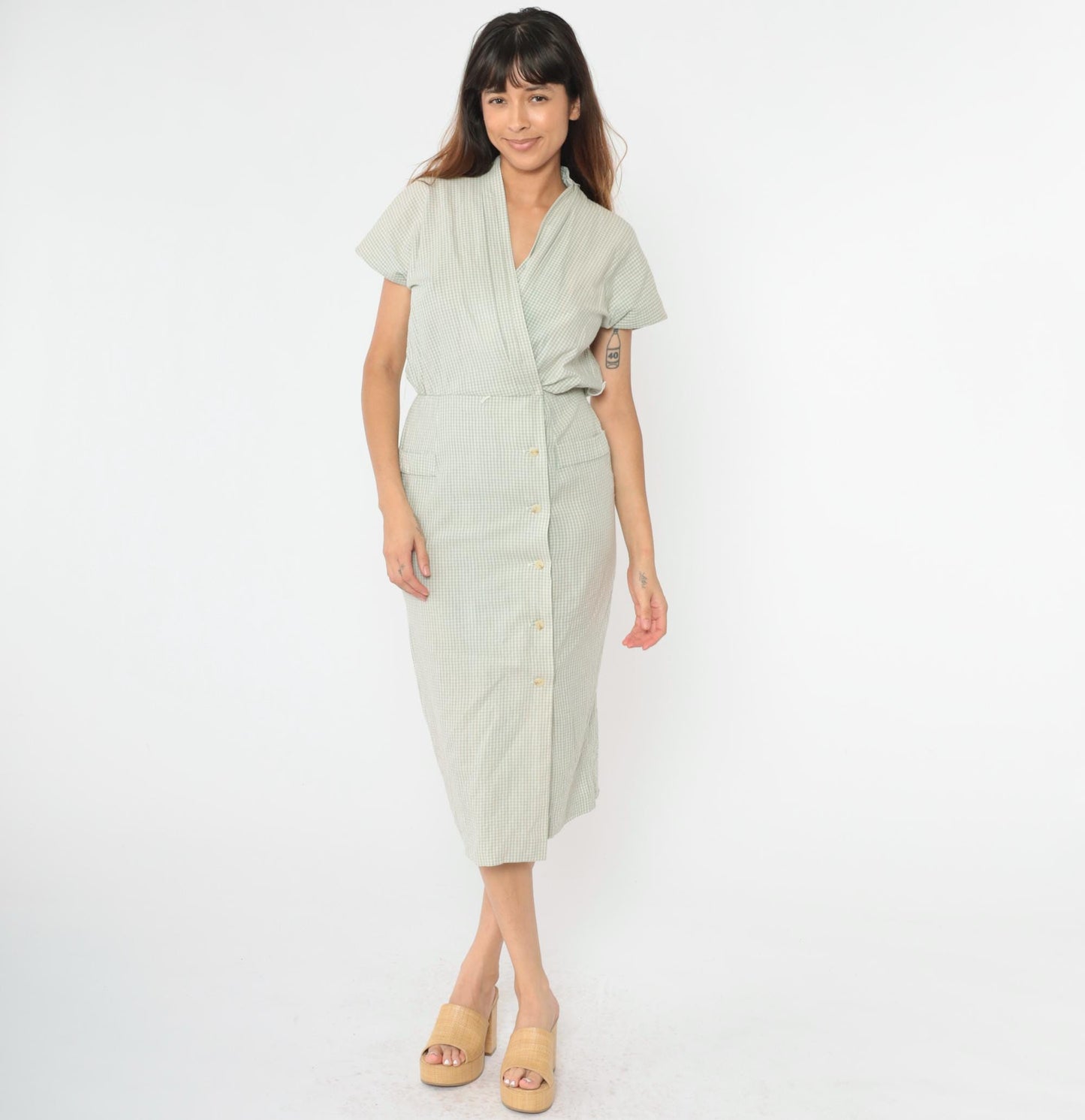 90s Cynthia Howe Gingham Shirtdress Sage Green Midi High Waist Small