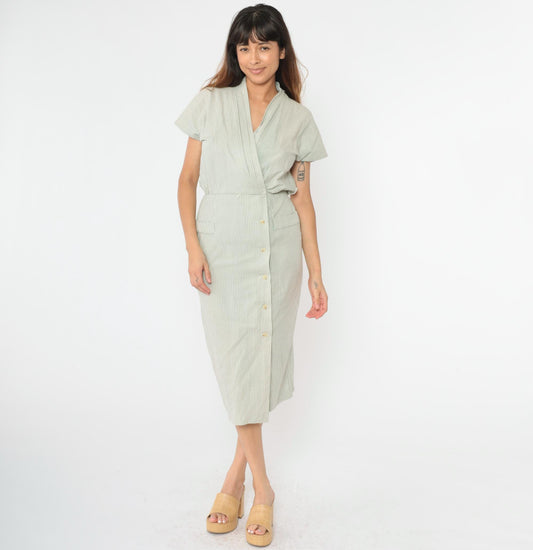 90s Cynthia Howe Gingham Shirtdress Sage Green Midi High Waist Small