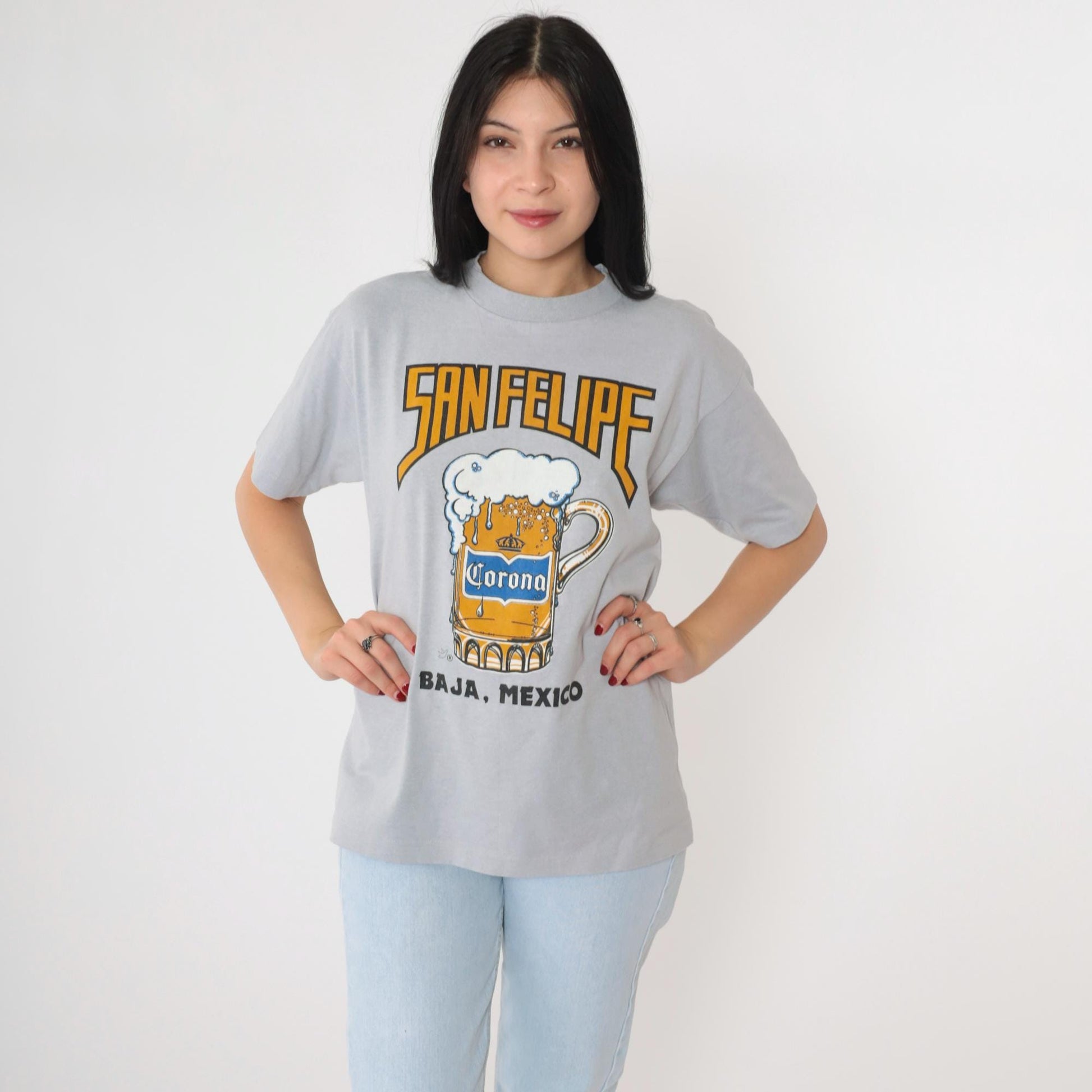 90s San Felipe Mexico Beer Graphic T-Shirt Grey Single Stitch Medium