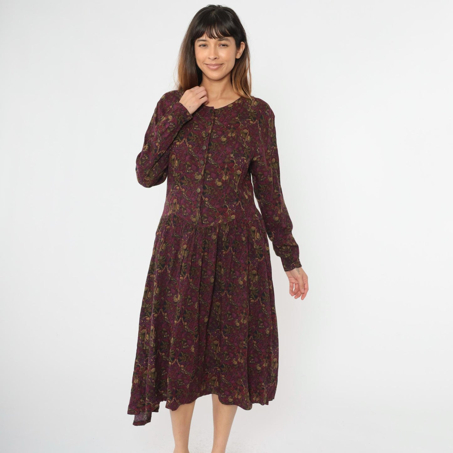 90s Ivy Impressions Floral Midi Shirtdress Purple Rayon Button Up Large
