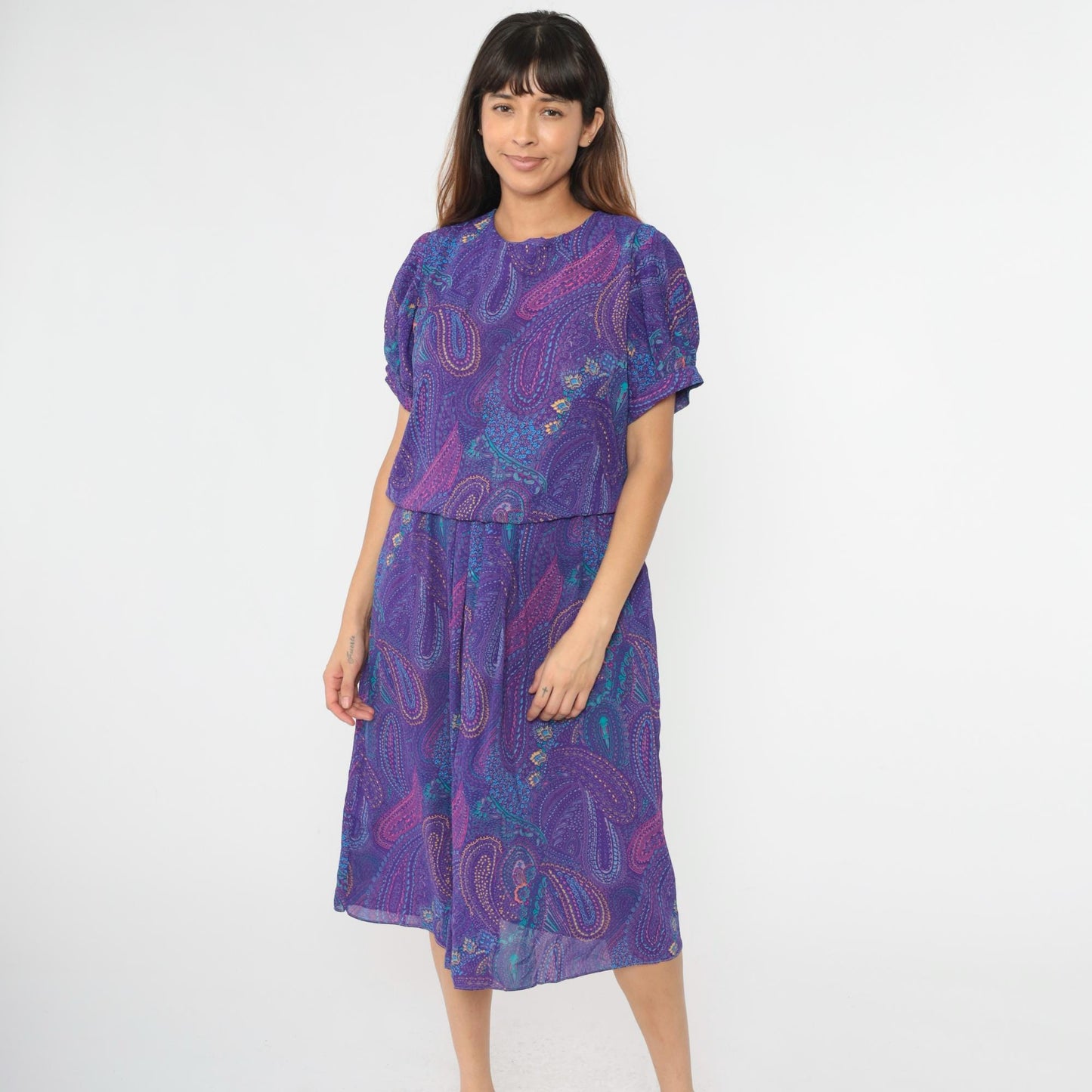 80s Purple Paisley Midi Dress Puff Sleeve High Waist Blouson Medium Large