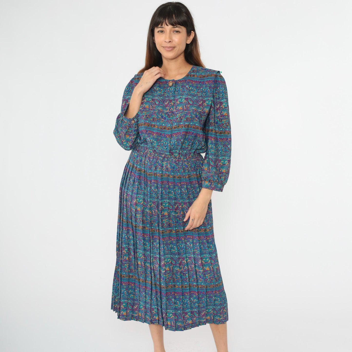 80s Blue Paisley Striped Midi Dress Puff Sleeve High Waisted Button Up Medium