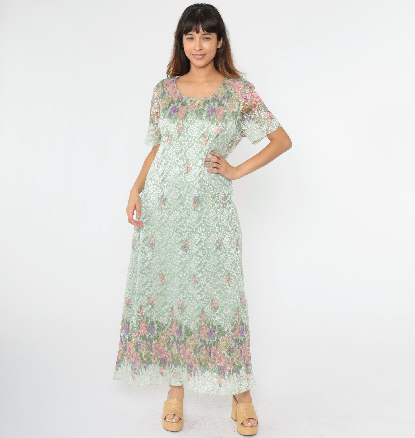 90s Shar Ade of California Pastel Green Floral Lace Maxi Dress Plus Size XXL