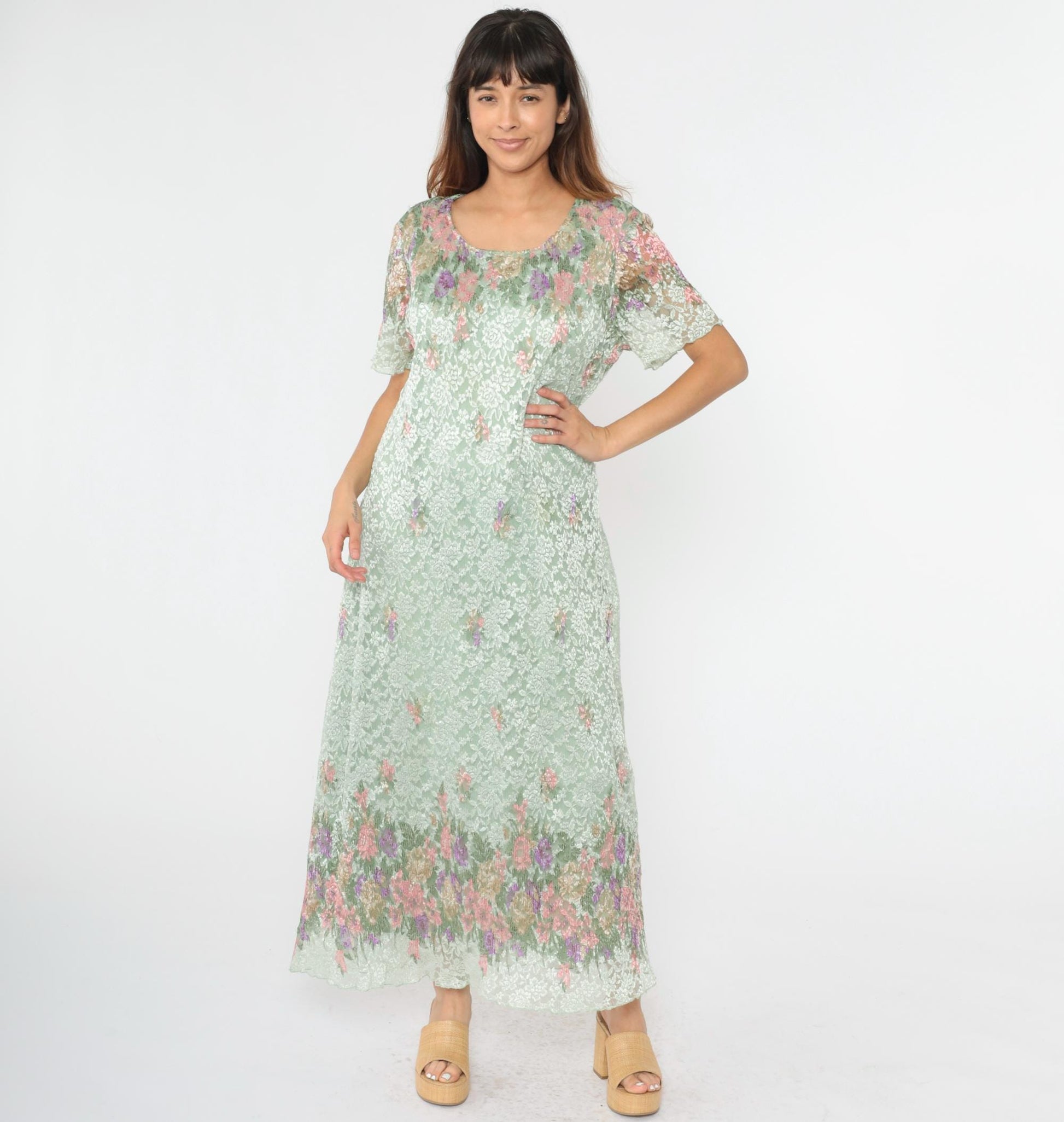 90s Shar Ade of California Pastel Green Floral Lace Maxi Dress Plus Size XXL
