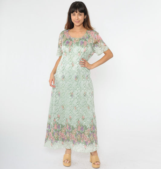 90s Shar Ade of California Pastel Green Floral Lace Maxi Dress Plus Size XXL