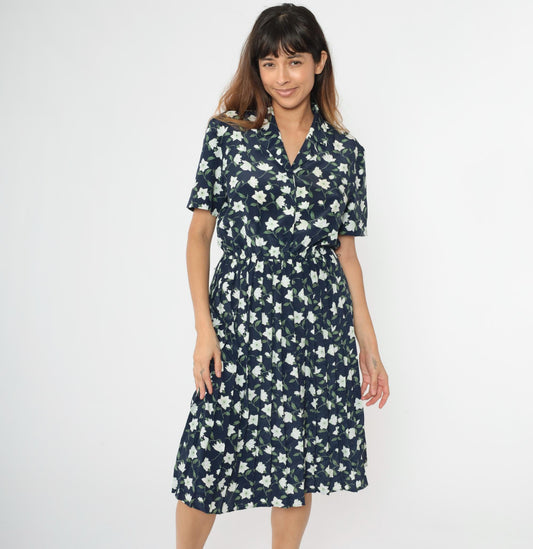 90s Leslie Fay Navy Floral Midi Shirtdress Button-Up Pleated Medium