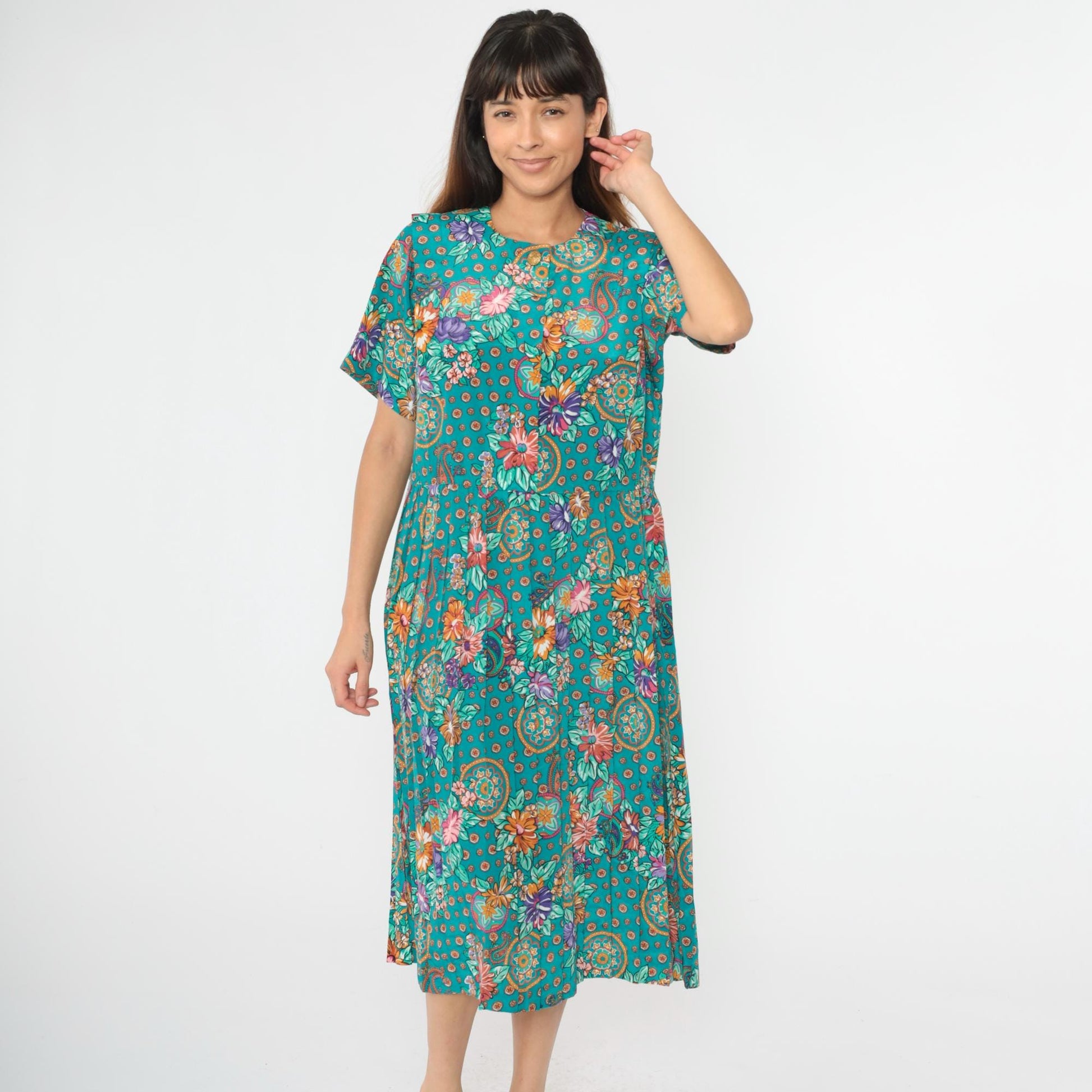 80s Turquoise Paisley Floral Midi Shirtdress Leslie Fay Button Front Pleated Medium Petite
