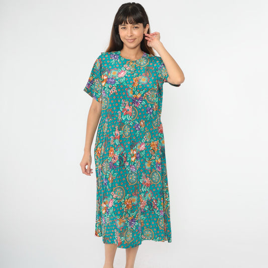 80s Turquoise Paisley Floral Midi Shirtdress Leslie Fay Button Front Pleated Medium Petite