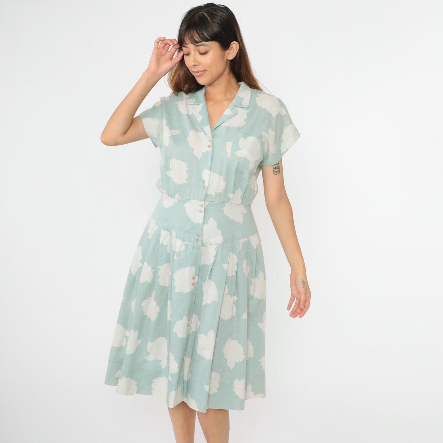 80s Seafoam Floral Midi Dress Button-Up Collared Short Sleeve Small Medium