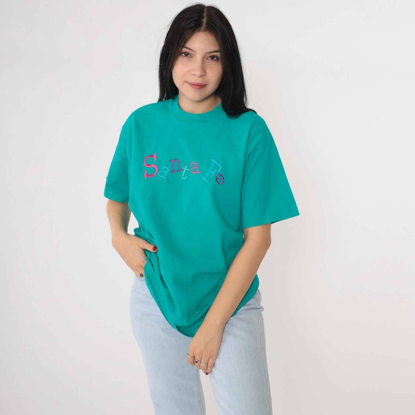 00s Santa Fe Embroidered Graphic T-Shirt Teal Crewneck Cotton Large