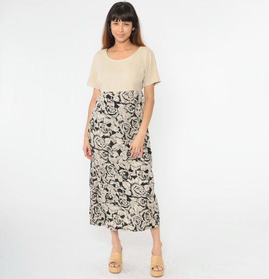 90s Floral Maxi Dress Beige Bodice High Waist Linen Rayon Large L
