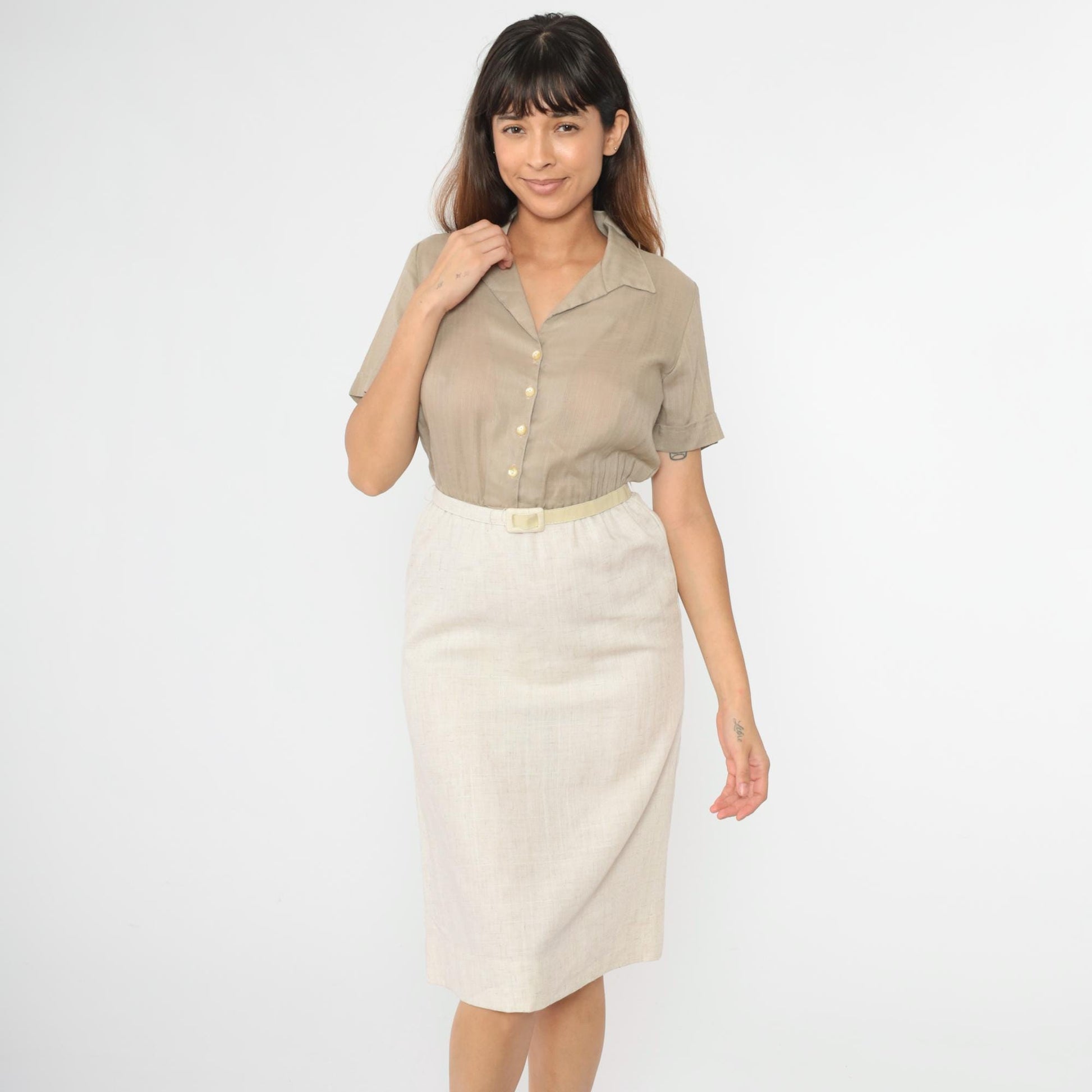 80s Taupe Button-Up Midi Shirtdress High-Waisted Cream Pencil Skirt Small