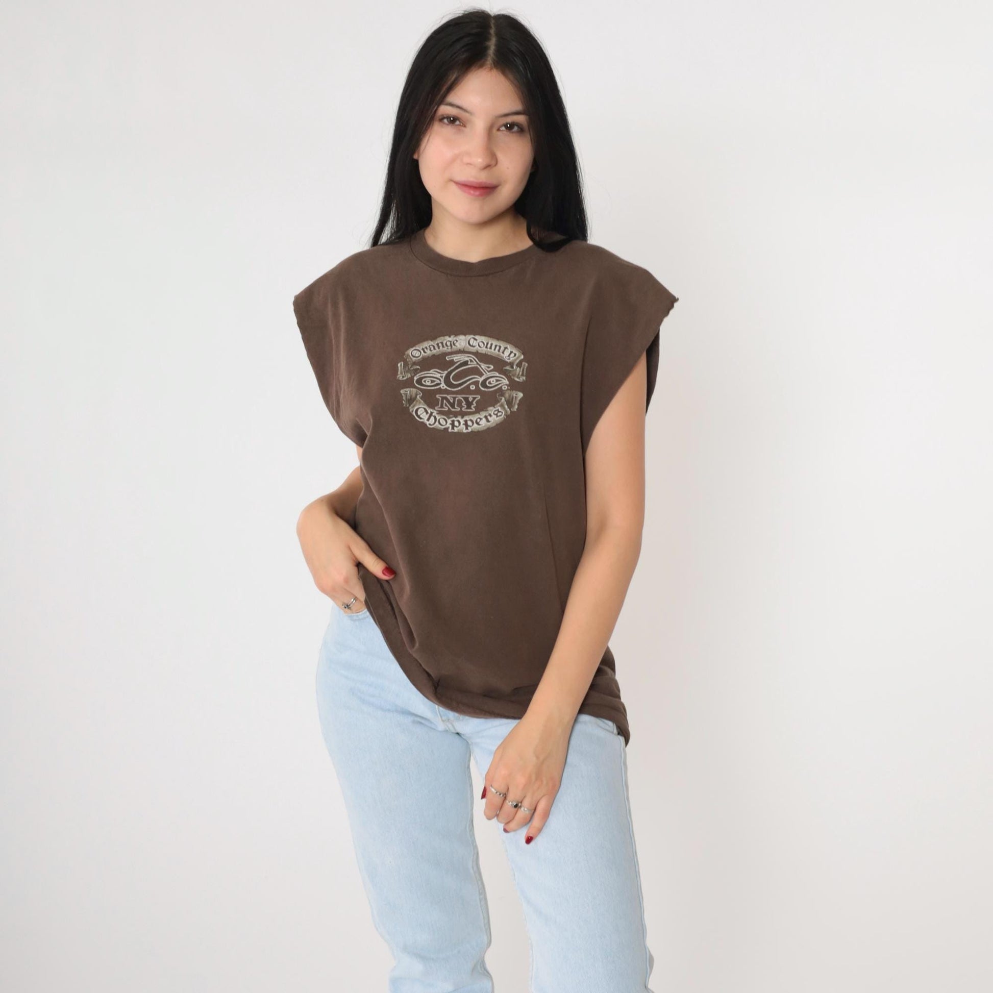Y2K Orange County Choppers Bulldog Graphic Tank Top Brown Cotton Medium