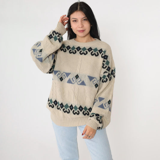 90s Beige Geometric Cable Knit Crewneck Sweater Jacquard Pullover Large L