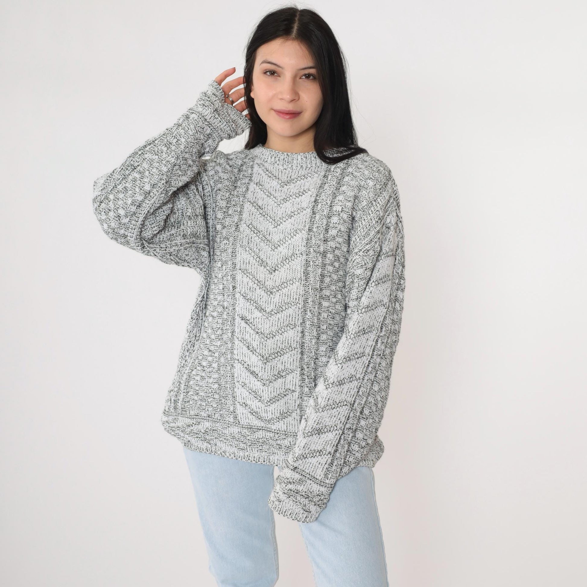 90s Grey Chevron Knit Pullover Sweater White Geometric Crewneck Small