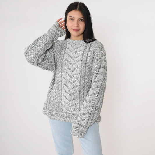90s Grey Chevron Knit Pullover Sweater White Geometric Crewneck Small