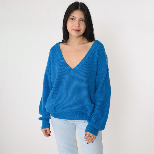 80s Buggi Electric Blue V-Neck Ribbed Knit Sweater Pockets Large