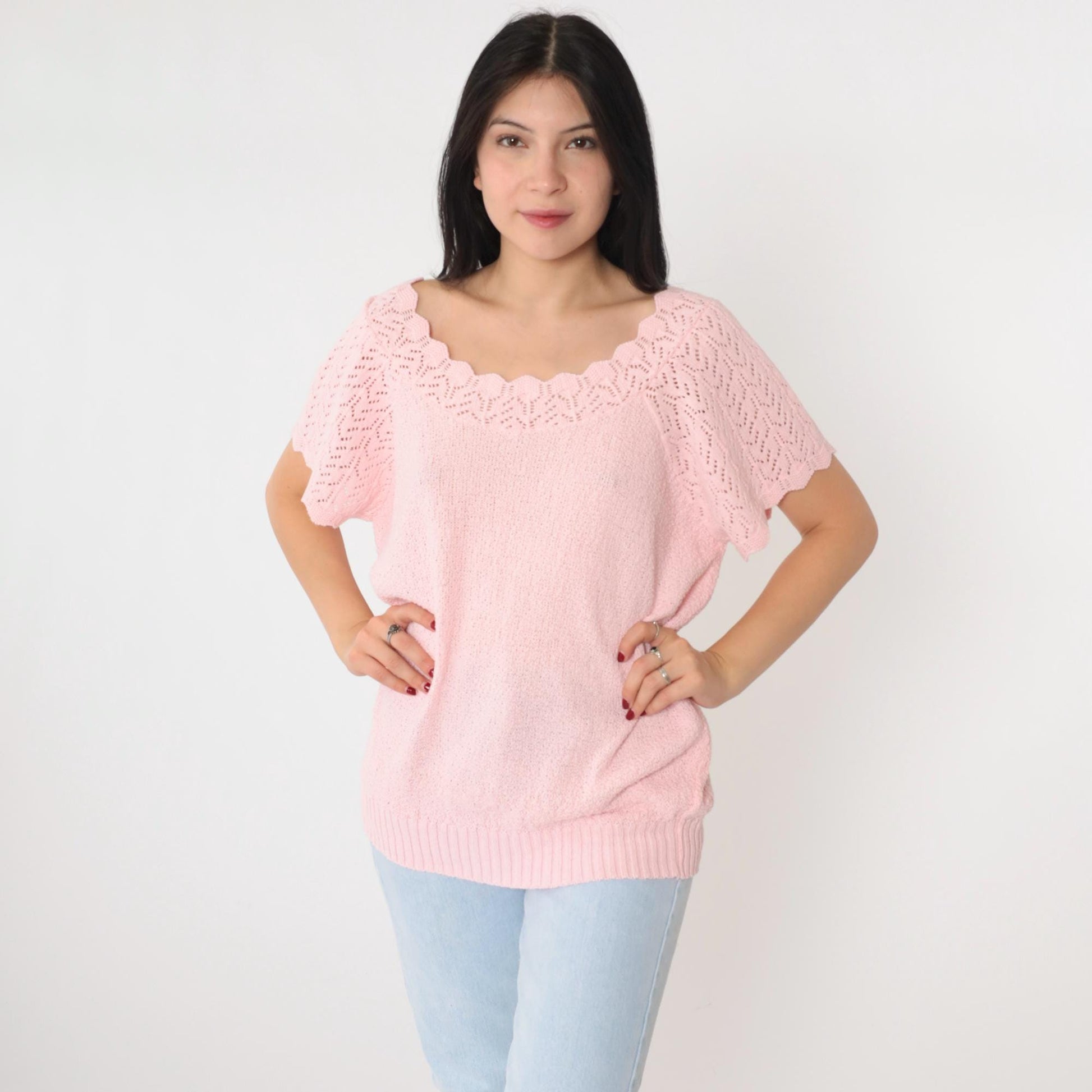 80s Adele Knitwear Baby Pink Pointelle Cutout Knit Top Medium Large
