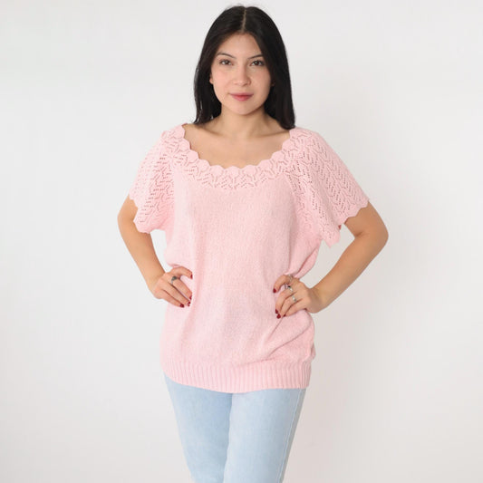 80s Adele Knitwear Baby Pink Pointelle Cutout Knit Top Medium Large