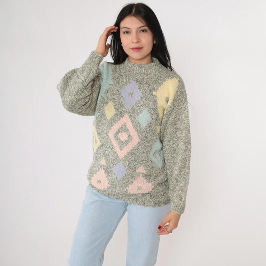80s Geometric Mock Neck Sweater Grey Pink Lavender Diamond Knit Medium