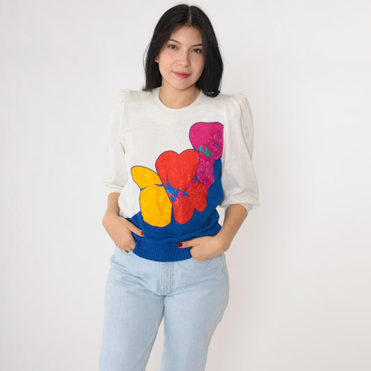 80s White Puff Sleeve Sweater Abstract Floral Embossed Knit Pullover Small