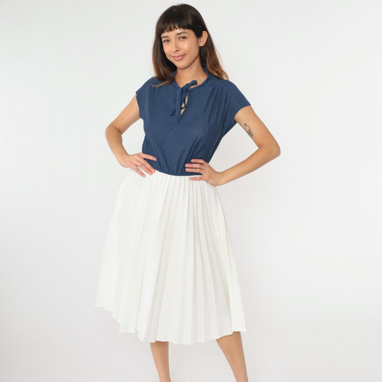 70s Polka Dot Midi Dress Blue White Keyhole Tie Neck High Waisted Medium