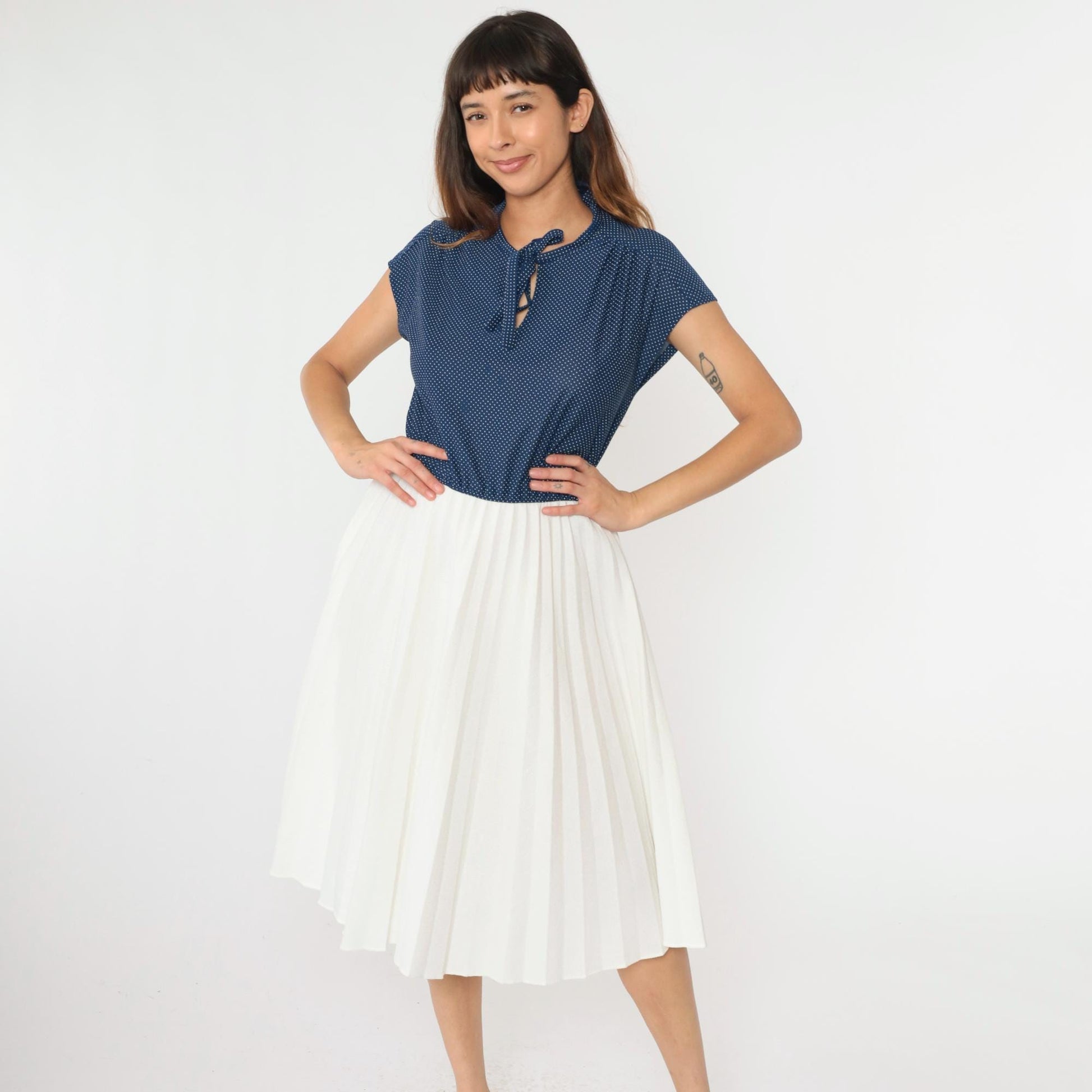 70s Polka Dot Midi Dress Blue White Keyhole Tie Neck High Waisted Medium