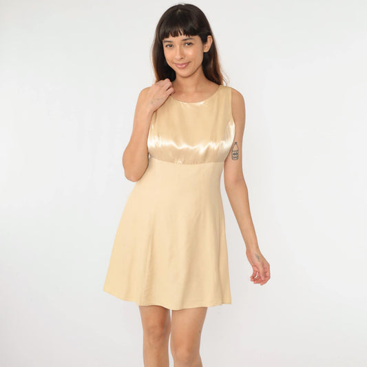 90s Champagne Satin Mini Dress Keyhole Back Bow Empire Waist Medium