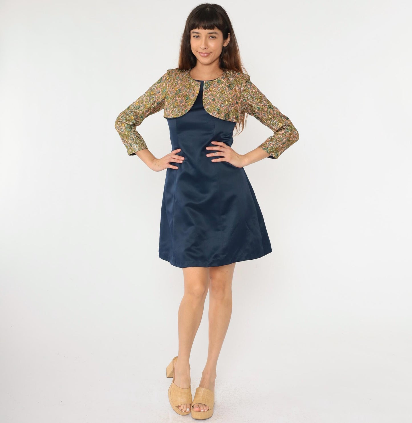 70s Metallic Geometric Bolero Jacket Dress Navy Gold Sheath Small