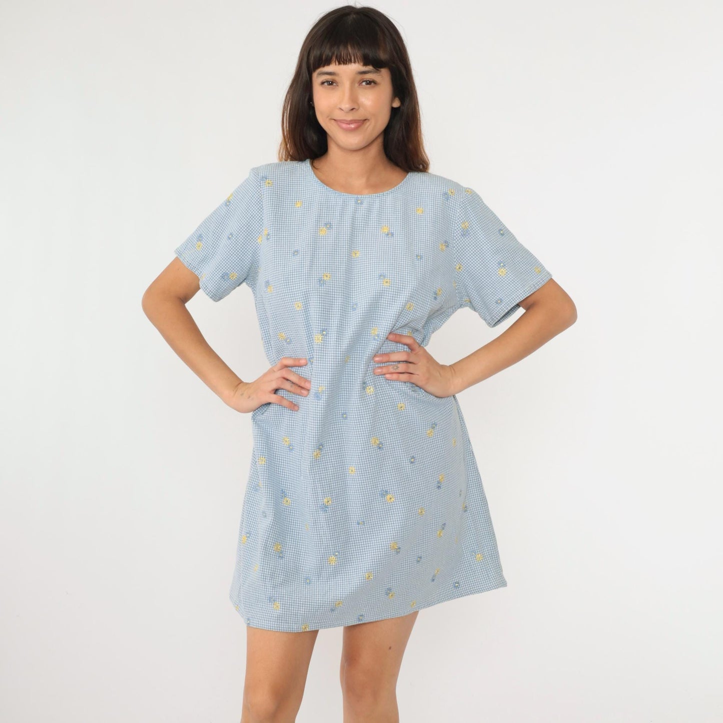 90s Blue Gingham Floral Embroidered Mini Shift Dress Cotton Large