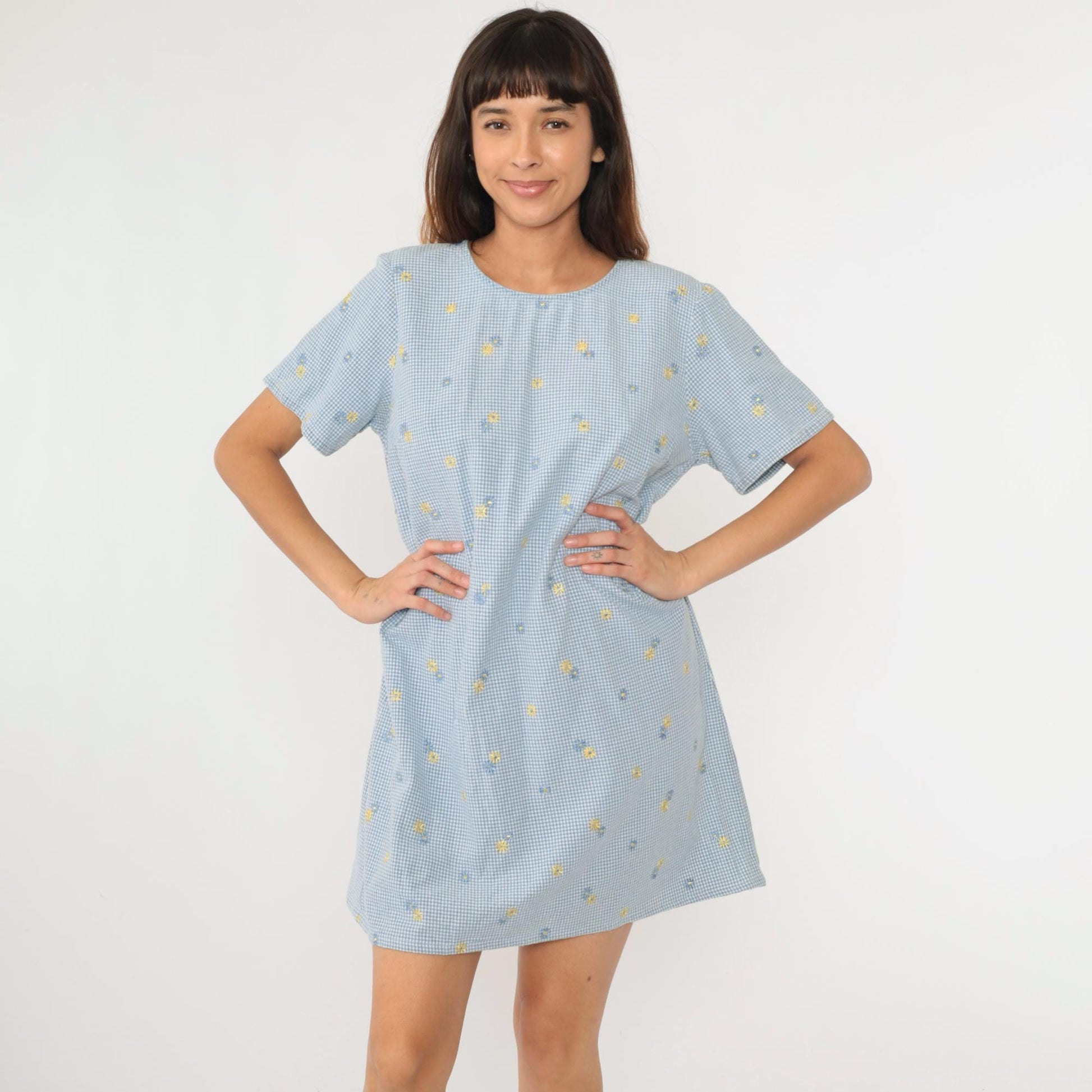 90s Blue Gingham Floral Embroidered Mini Shift Dress Cotton Large