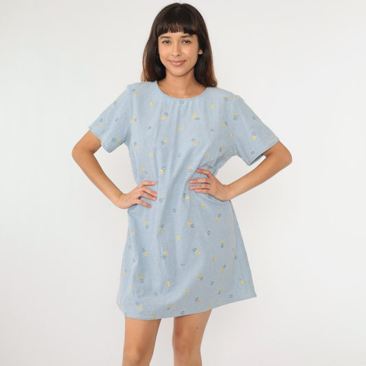 90s Blue Gingham Floral Embroidered Mini Shift Dress Cotton Large