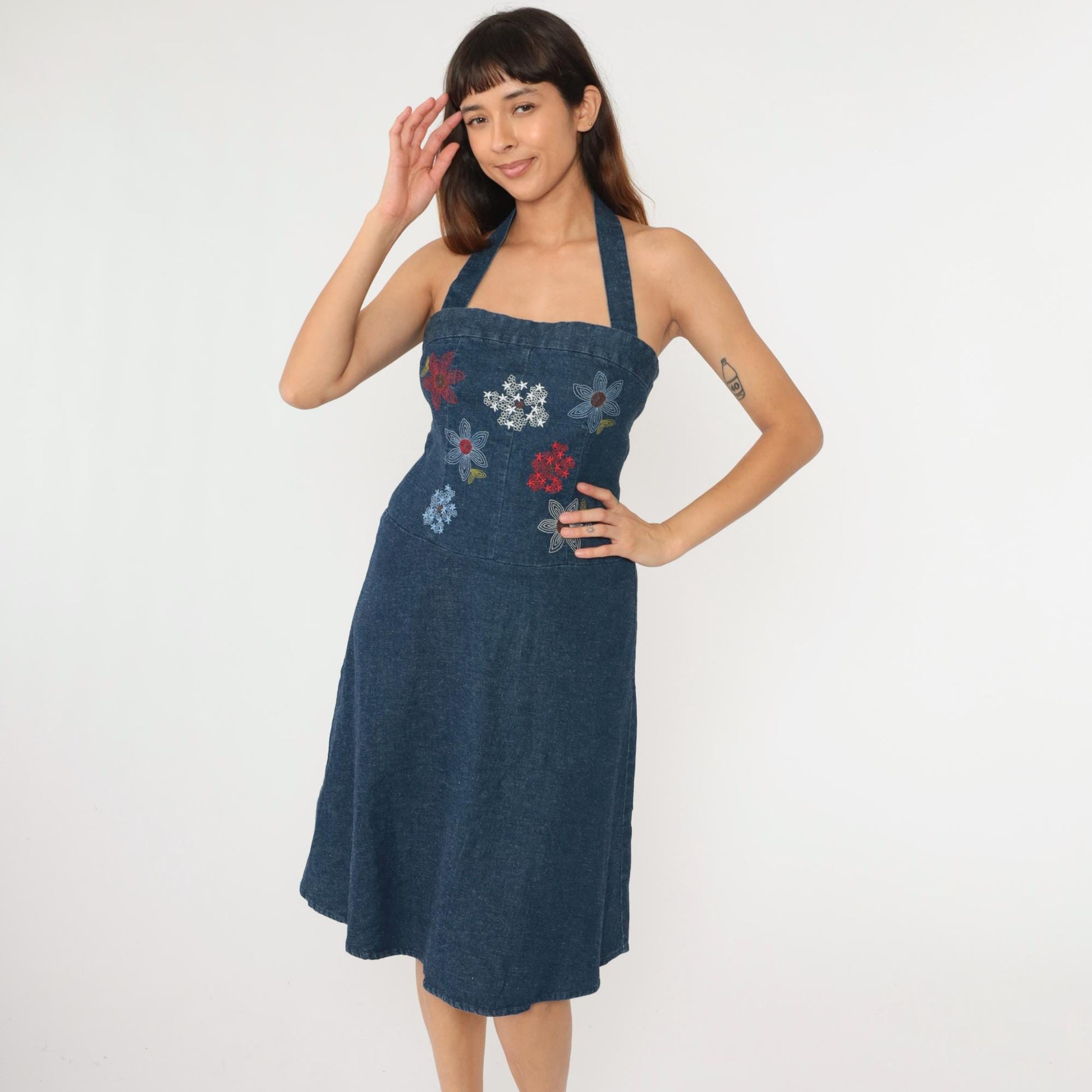 Y2K Denim Midi Dress Floral Embroidered Halter Neck Backless Small