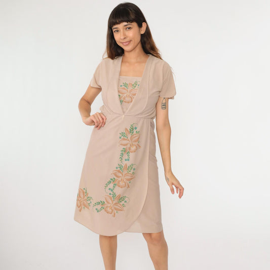 70s Floral Midi Dress Taupe Orchid High Waist Attached Jacket Small