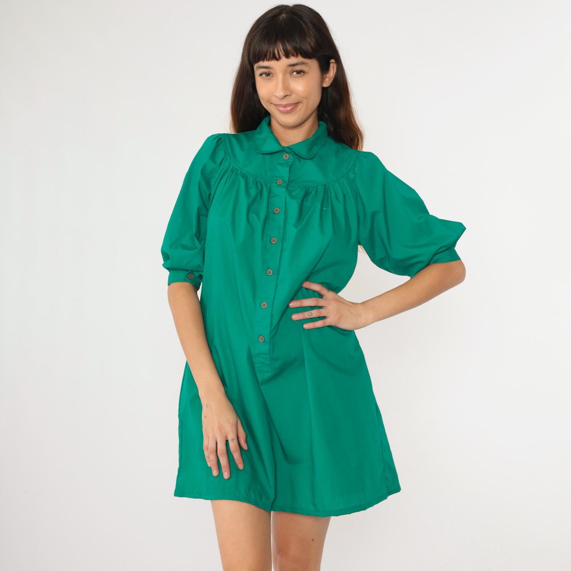 70s Green Yoke Shirtdress Peter Pan Collar Puff Sleeve A-Line Medium