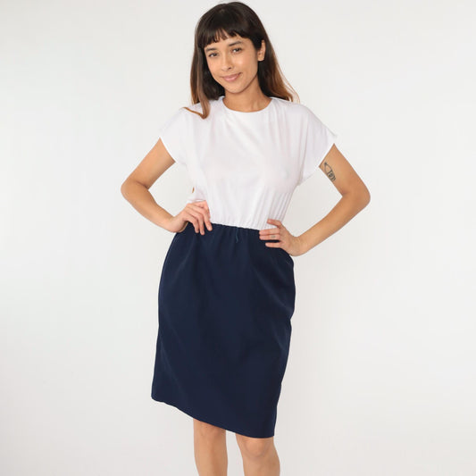 70s Color Block Midi Dress White Navy Cap Sleeve High Waist Medium Petite