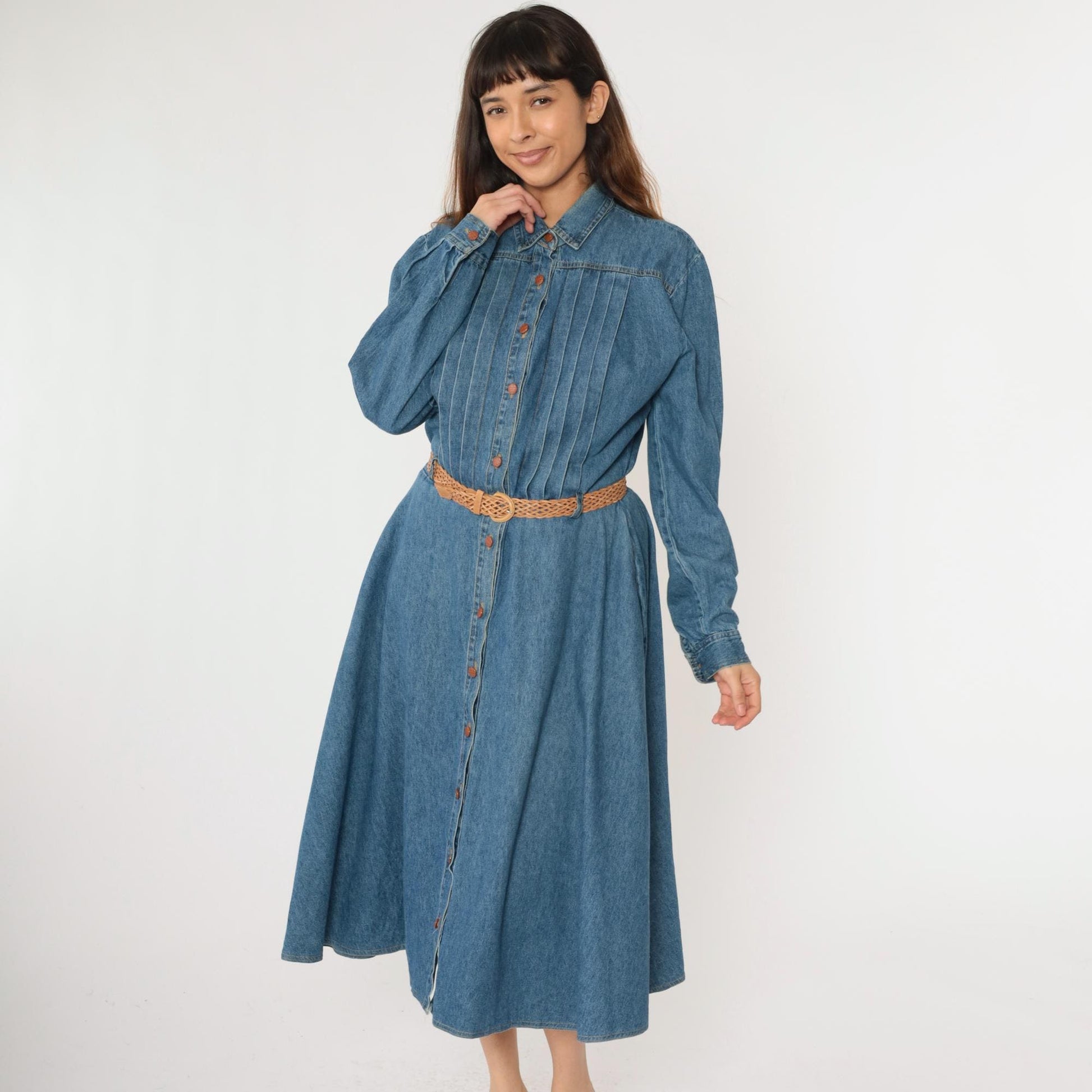 90s Nina Piccalino Denim Midi Shirtdress Blue High Waist Pleated Large 14