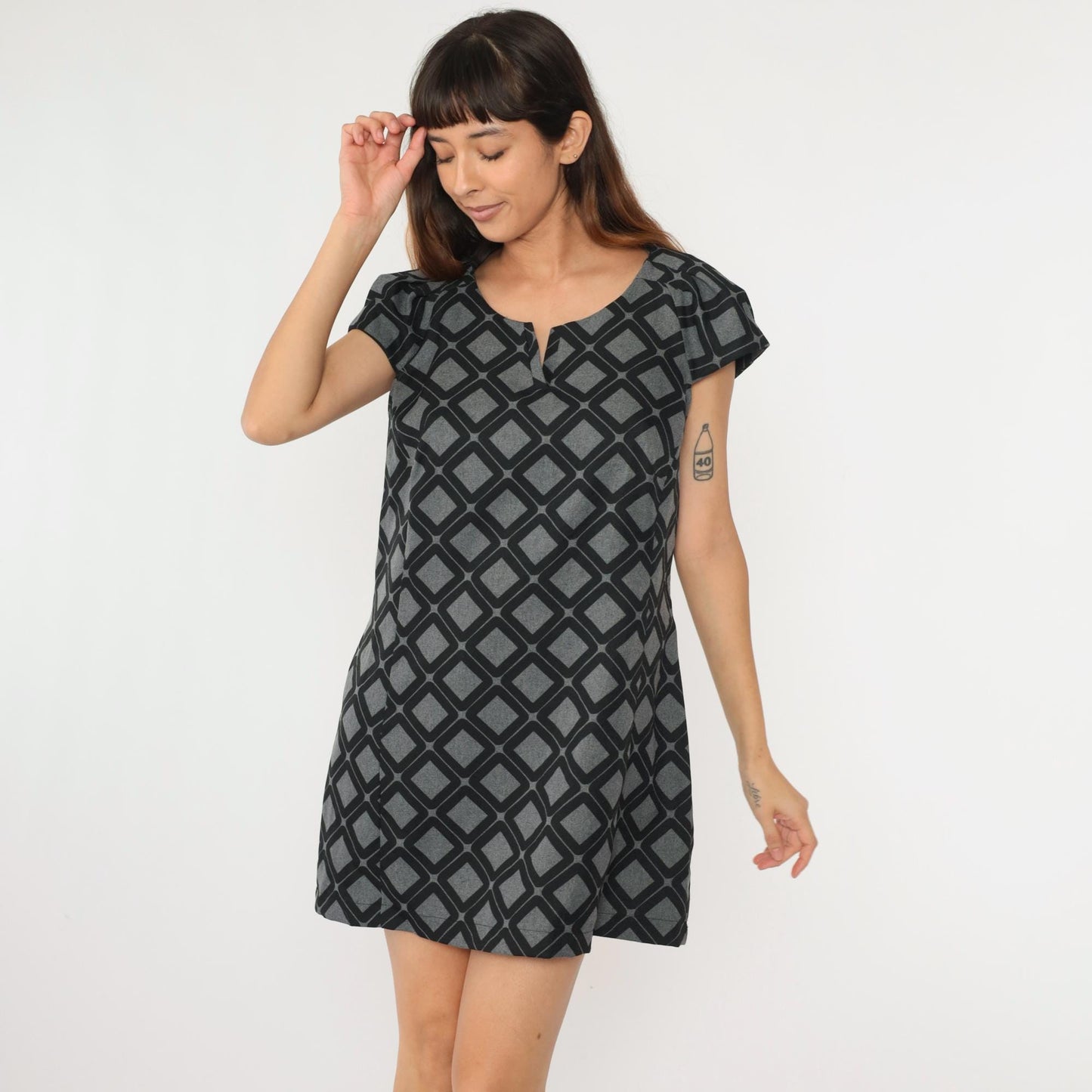 90s Robbie Bee Geometric Mini Dress Grey Black V-Neck Puff Sleeve Large