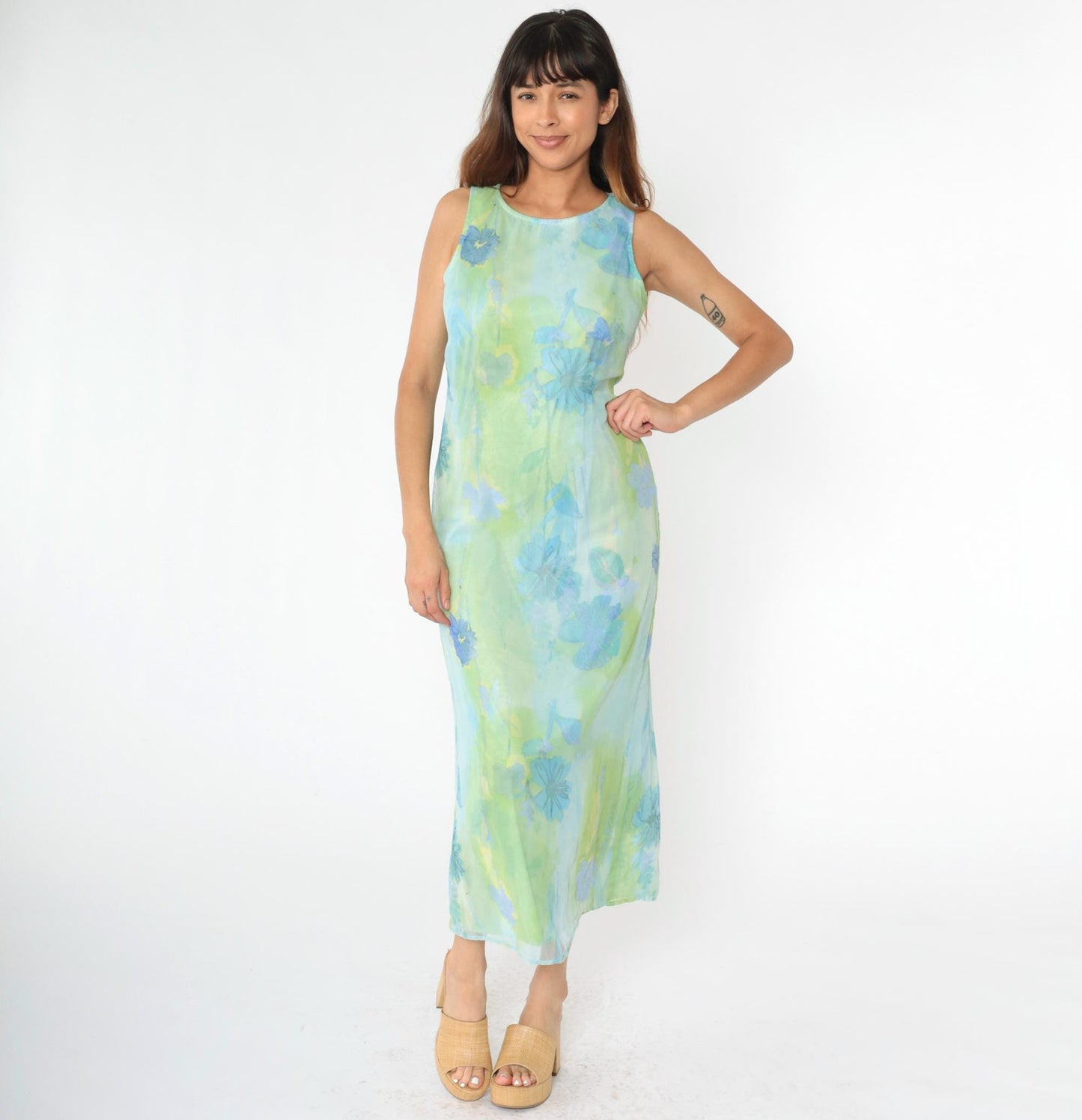 90s City Triangles Watercolor Floral Chiffon Midi Dress Blue Green Medium