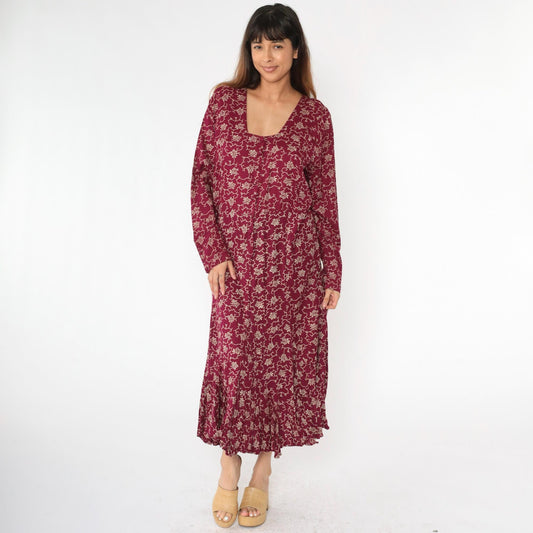 90s Burgundy Floral Maxi Dress Button-Up Long Sleeve Square Neck Extra Large XXL