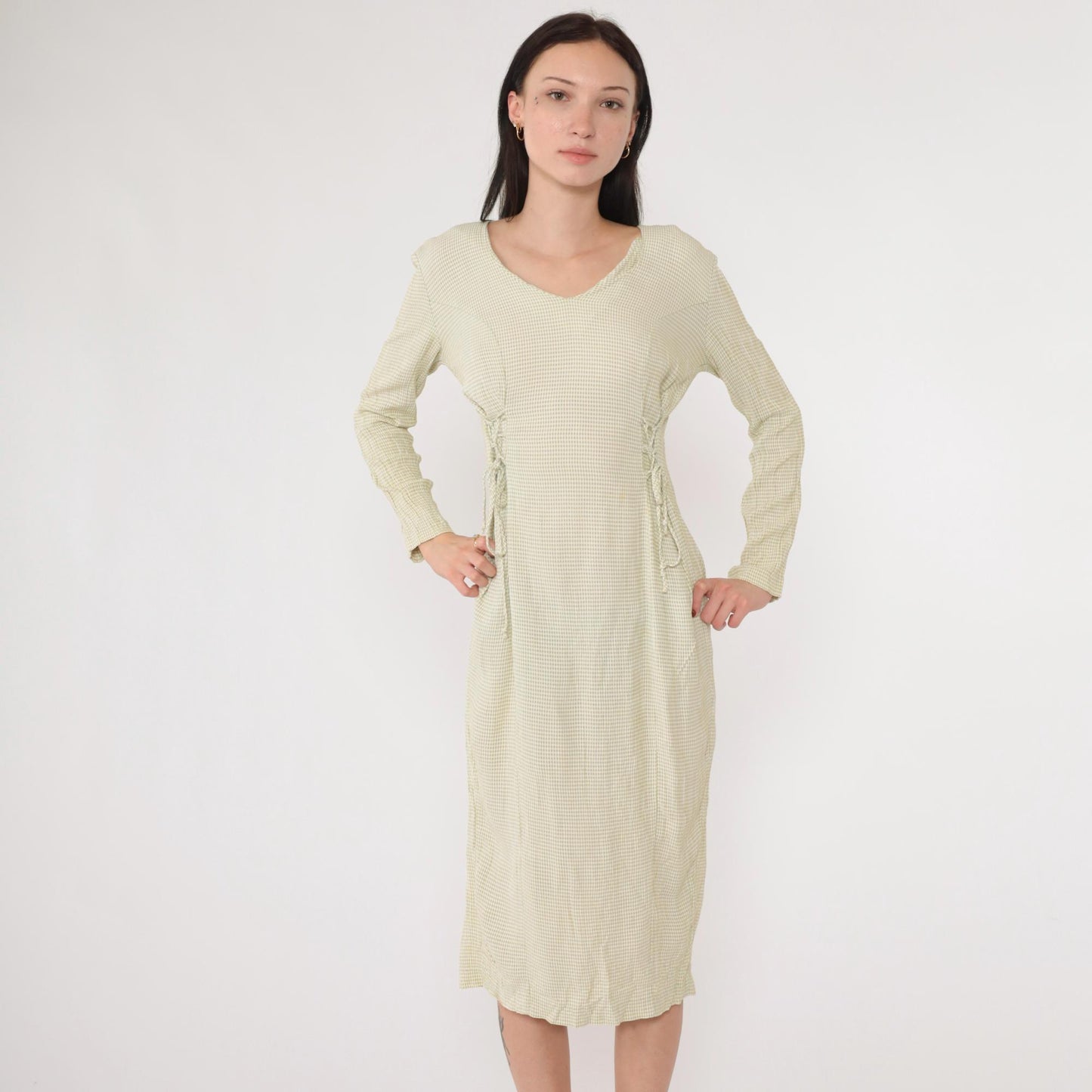 90s Sage Green Gingham Midi Dress Lace-Up Sides Princess Seams Small