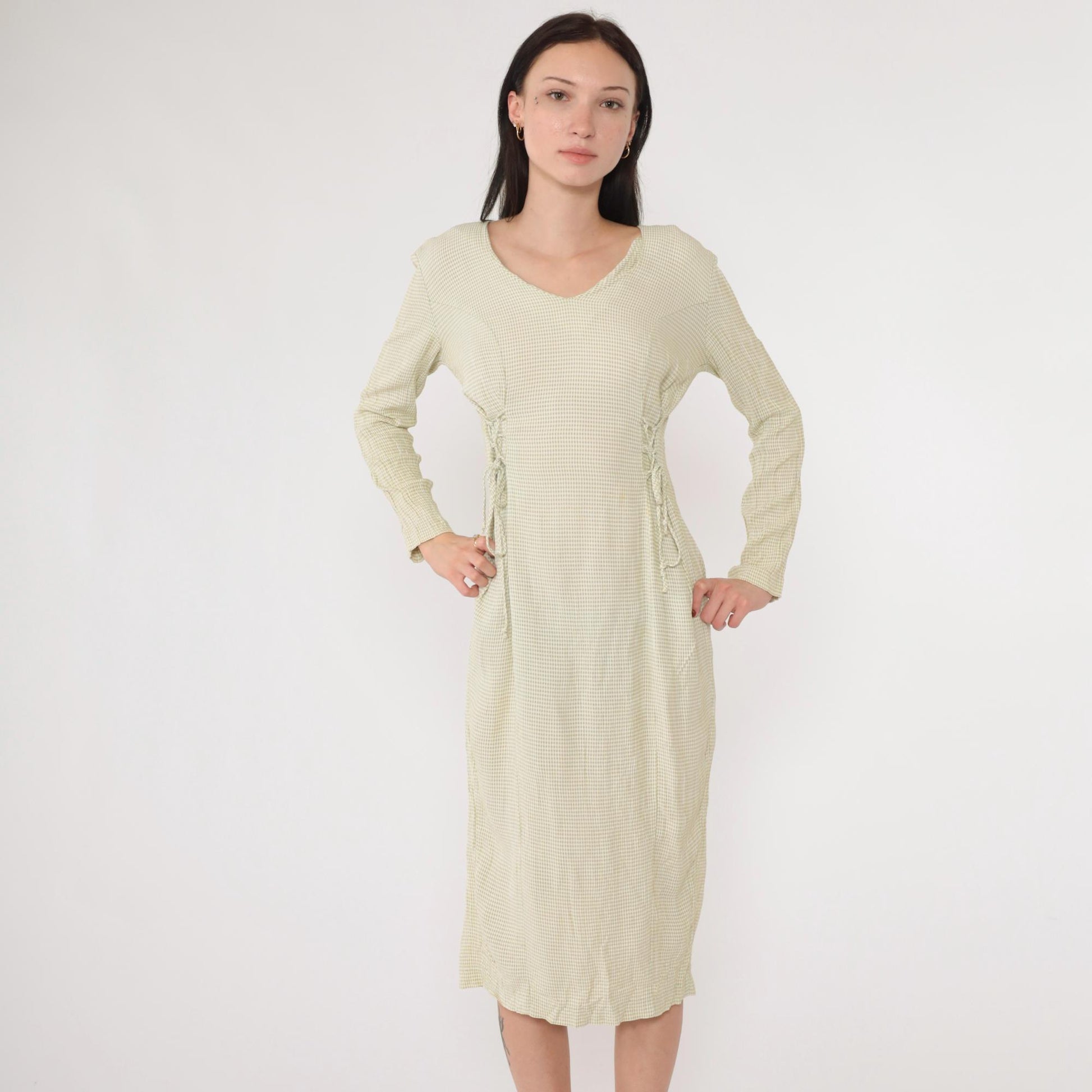 90s Sage Green Gingham Midi Dress Lace-Up Sides Princess Seams Small