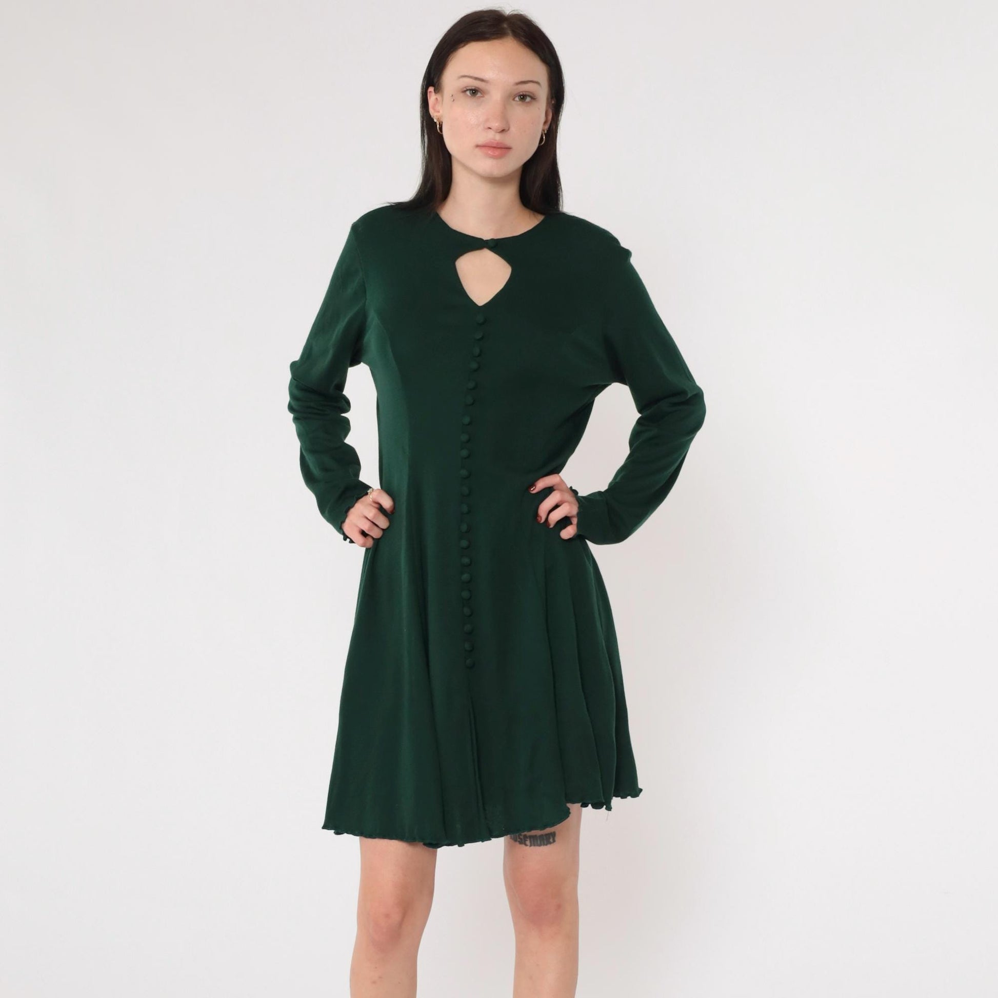 90s Dark Green Keyhole Mini Dress Long Sleeve Button Front A-Line Medium