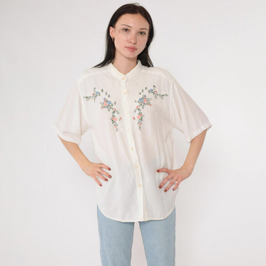90s Garbo Floral Embroidered White Rayon Blouse Mandarin Collar Medium